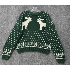 Driving Force Green Knit Sweater Fair Isle Moose Women’s L Cottagecore Country